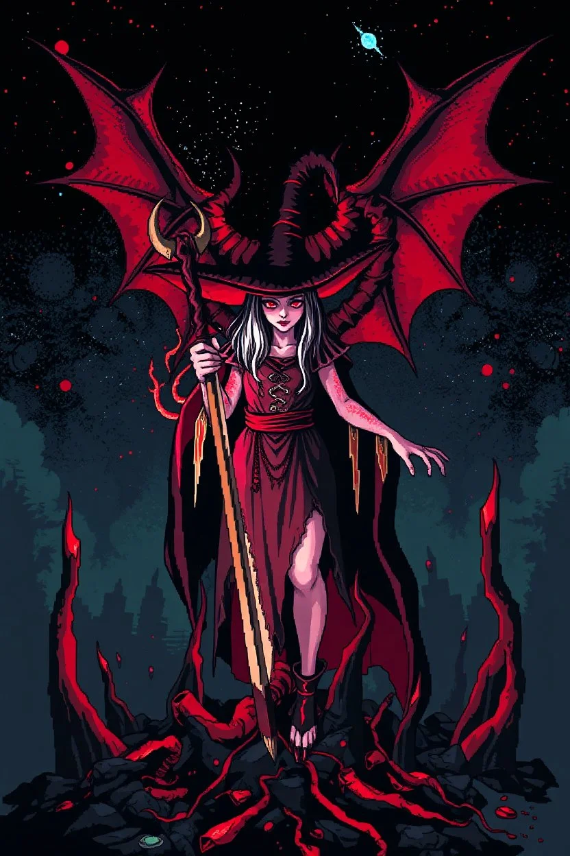 Demon girl wizard in front, fullbody, behind blood guts rising from the ground, darkred tones,cosmic horror, nightmare, galaxy, 8bits, pixel art,