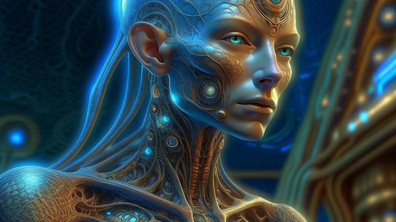 gorgeous female humanoid alien, slender muscular warrior, looking over shoulder at the sky, tentacles, coper zinc orichalcum jewelry and piercings, beautiful face, mesmerizing starry eyes, smooth translucent skin, hourglass, size DD. , DeepDream-generated image depicting …