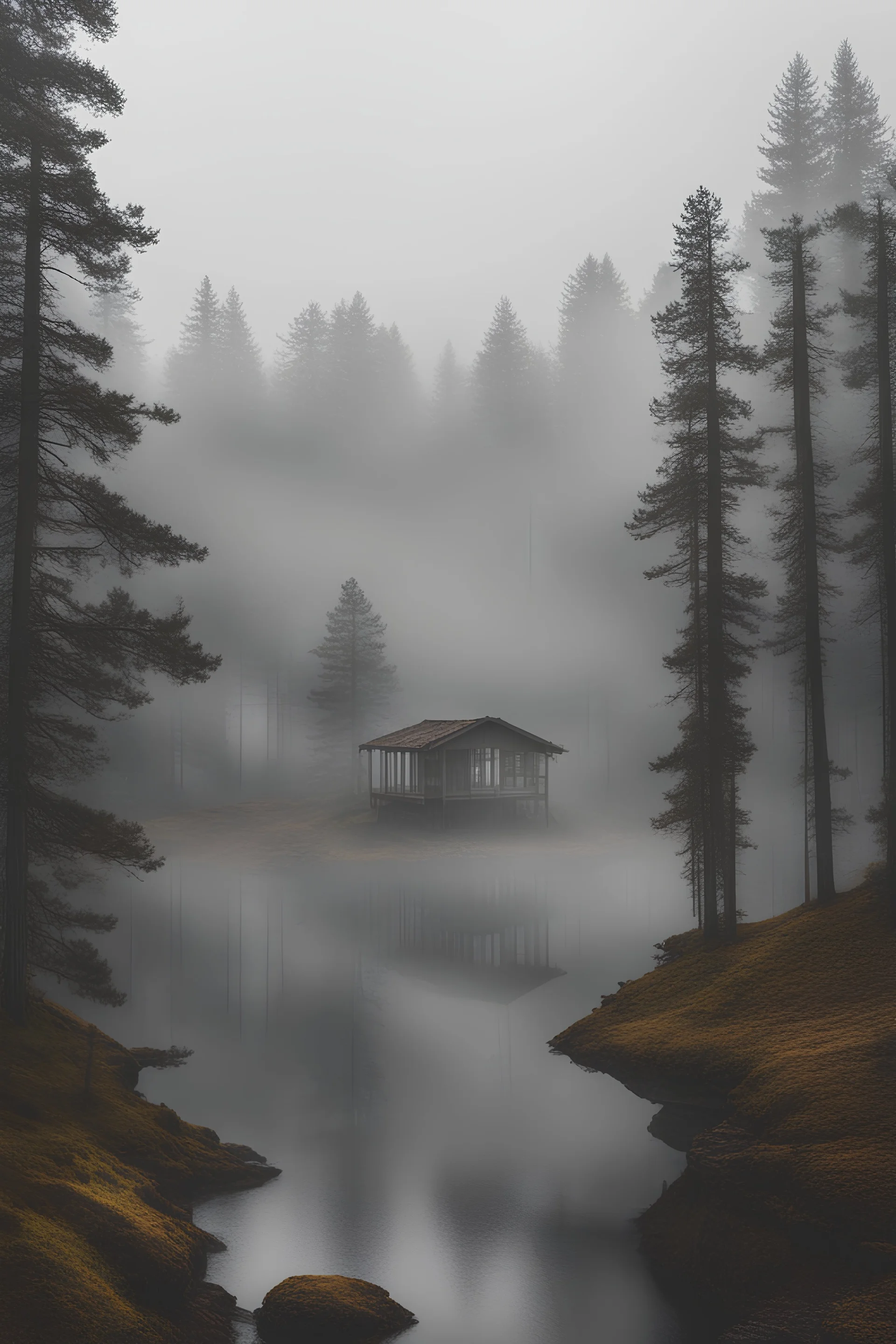 lakes overlooking a cabin in a pine woods misty