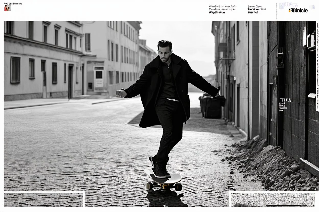 a black and white photo of a man on a skateboard, iphone video, swedish urban landscape, clippings of a fashion magazine, passages, detective coat, dirt and grawel in air, featured on dribble, damage class, official screenshot, european buildings, gestures, guide