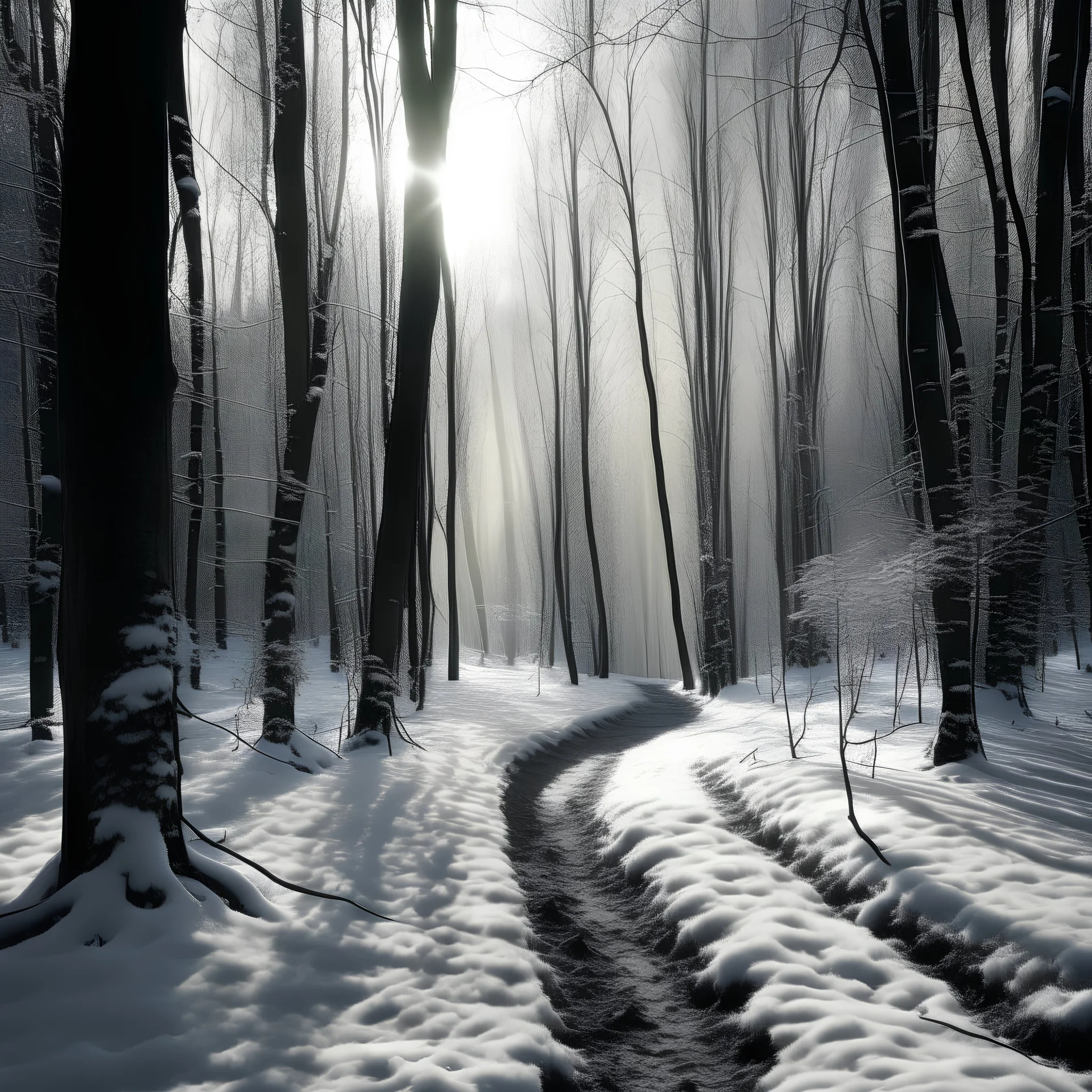 bosque nevado con camino iluminado con rayos de sol al estilo de Shirin Neshat