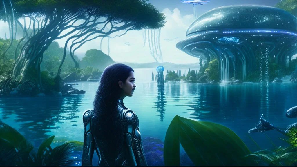 Detailed matte painting of a wide-angle shot of a woman, standing on the left side of the shot, with dark hair in a silver robotic catsuit, many large floating jellyfish with octopus tentacles, alien jungle trees in the distance, with an alien beach and lake