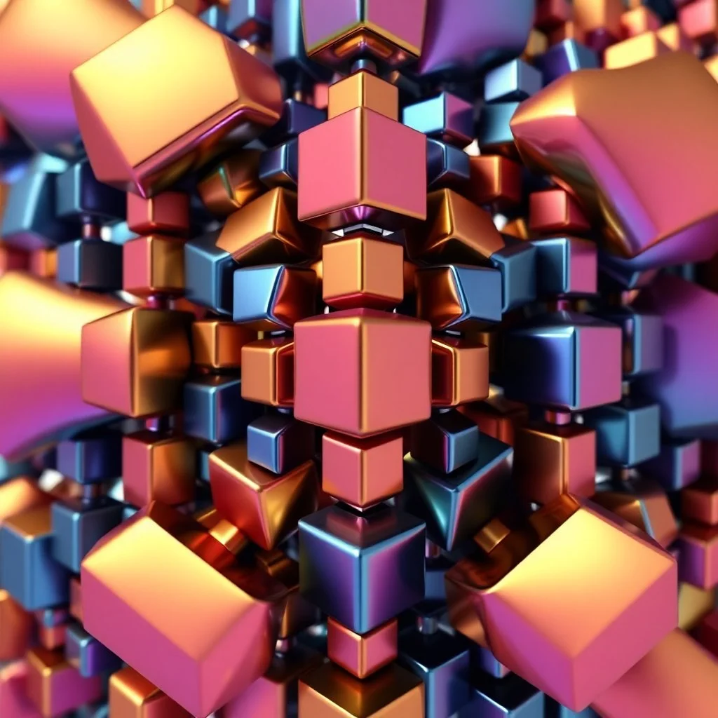a mandelbox 3d fractal made of small metallic random color cubes