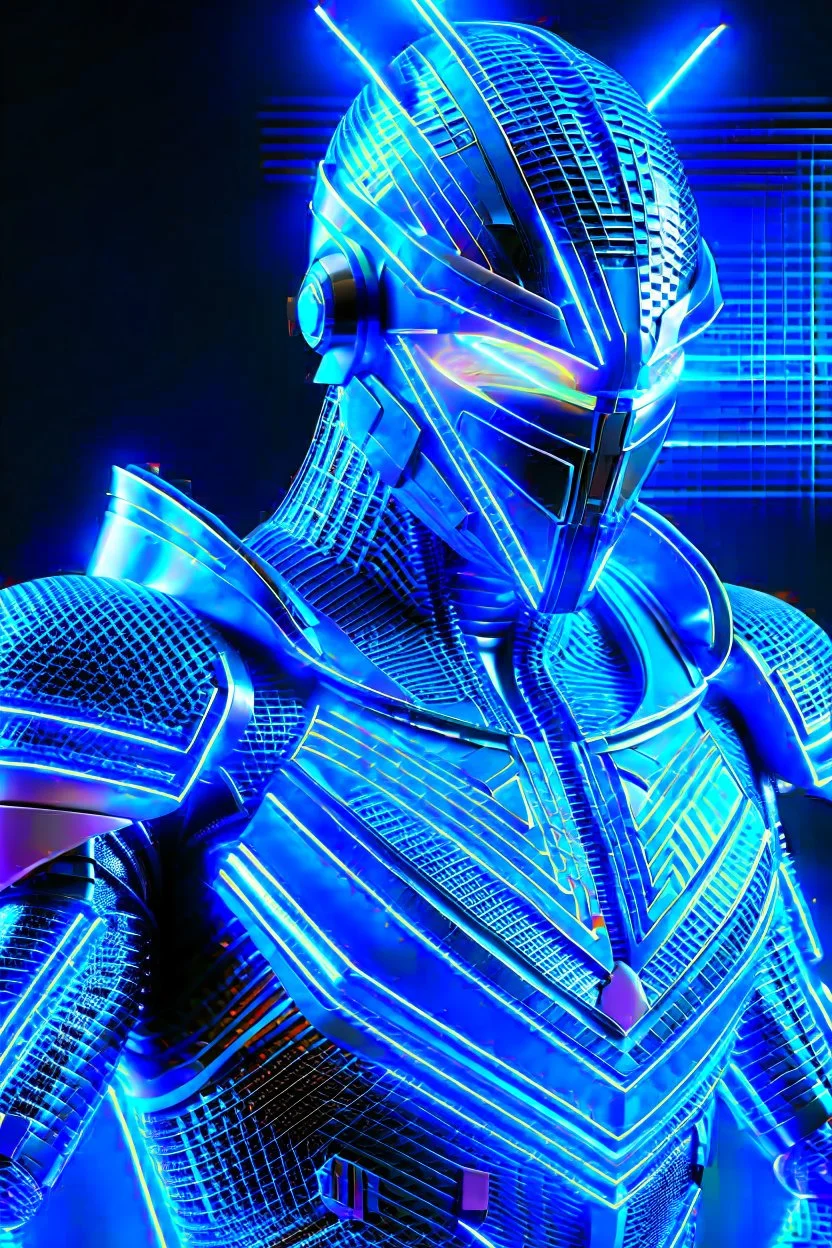 neon blue, flying parts of armor in form of triangles, cyber armor, geometric patterns on armor, male, orbiting triangle