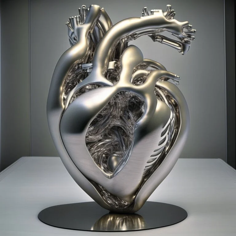stainless steel sculpture of human flesh-like heart formed by human bodies