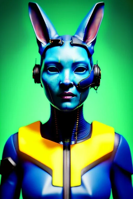 Medium Close Up Portrait, Front image. cyberpunk, rabbit mask, Chinese woman, yellow short hair. latex, titanium suit. Yellow, black, red, color. Ghost in the shell style. Color background, photo studio. Avatar image, highly detailed, concept art, smooth, unreal engine 5, god rays, ray tracing, RTX, lumen lighting, ultra detail, volumetric lighting, 3d, finely drawn, high definition, high resolution.