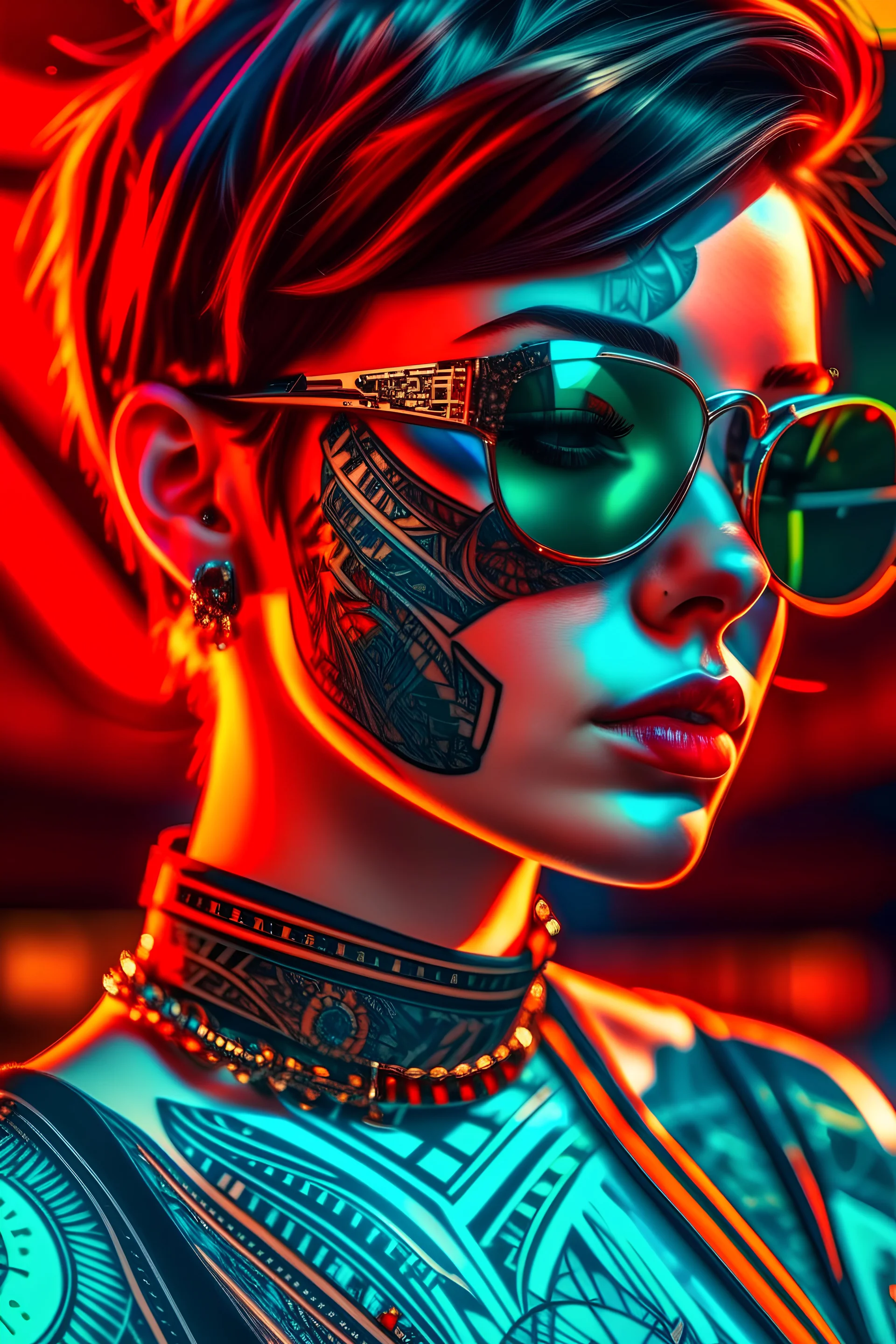 Retro-futuristic , detailed face. Beautiful woman. big retro sunglasses, body tattooed, Full body long shot , highly detailed, hyper detailed , 8K, HD