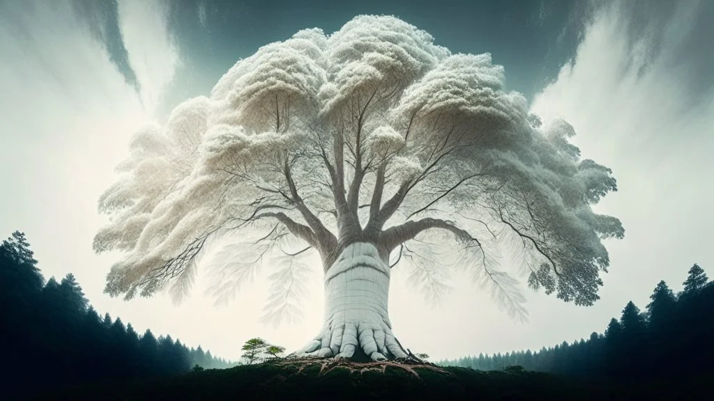 Giant white tree in a small sized forest reaching in to the sky.
