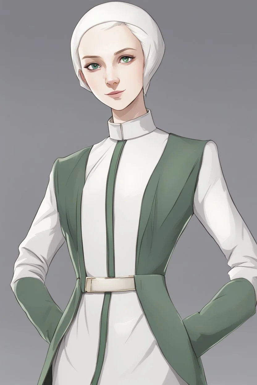 full length colour drawing, portrait, 22-year old friendly slender female human cleric, shaved head, light eyebrows, grey eyes, wearing white (10%0 and dark green (80%)