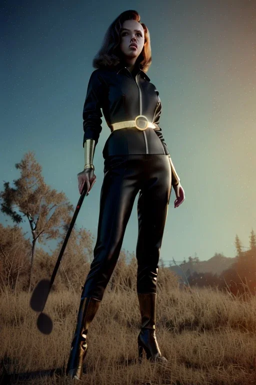 retro portrait image from 1960, explosion background, long hair, young Scarlett Johansson, classic black tight lycra suit, metal stick weapon, gold bracelet and belt, high heel boots, soft color, highly detailed, unreal engine 5, ray tracing, RTX, lumen lighting, ultra detail, volumetric lighting, 3d, finely drawn, high definition, high resolution.