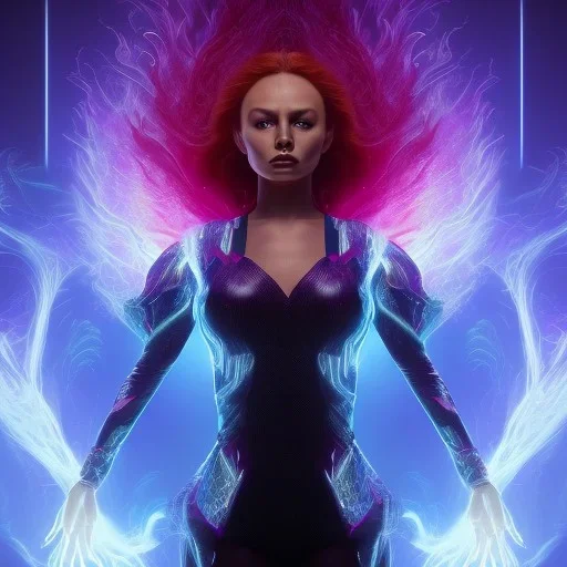 Dark Phoenix, X-Men , Jean Gray. hyperfantastic,hyperscifi,unreal engine.best colours,deep purple . fire theme .blue neon smoke.cinamatic,full cinematic lights.beautiful body details,beautiful face details,8k,