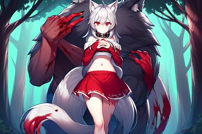 Girl, boy, forest, gray hair, wolf ears, wolf tail, open navel, hands on chest, blushing, standing by a tree, collar on neck, very short red skirt, blood on hands, long nails, wolf hair on legs, more red eyes, glowing mushrooms on trees, big tail