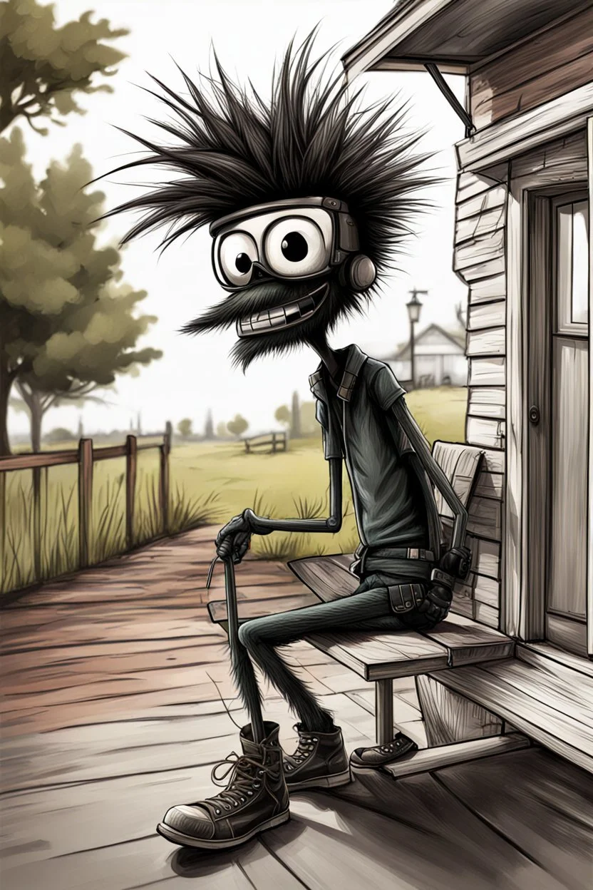 2d drawing of a stickman, cool with punk hair, x eyes like in hangman, driving a porch, 3d realistic in colour