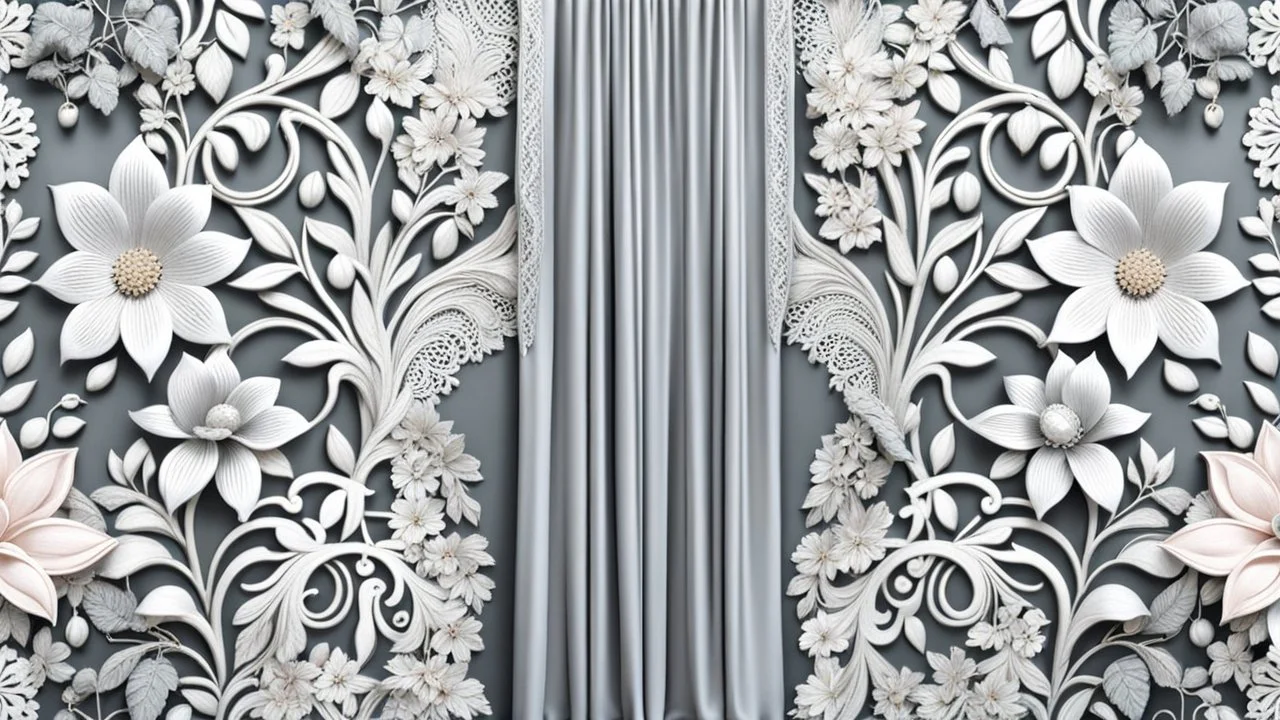 enterior of curtain fashion, combination nice lacy flowers and plants patterns , 3d silver threads ornaments, pastel colors, beauty lacy decoration, high texture, unique elegant, high detailed, sharp focus, photorealistic