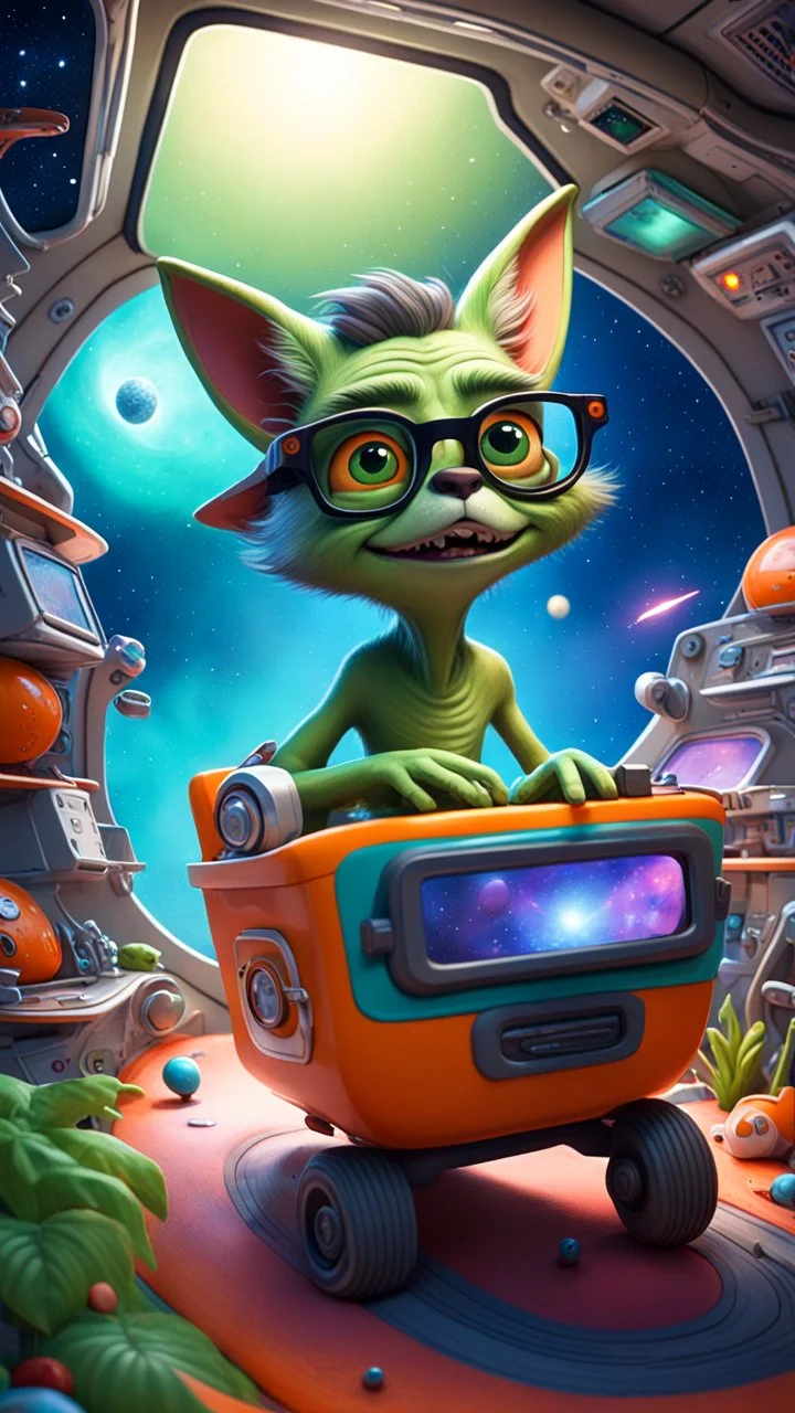 big ass space hairy hi tech alien cowboy gremlin gre fox with glasses in tiny cart floating around in space in a weird living space camper ship driving down weird twisted track in space station jungle, spell jammer, Pixar-inspired, expertly crafted in a whimsical and vibrant cartoon style. is masterfully rendered in a lifelike 3D design, which captivates viewers with there irresistible charm. The background is filled with warm, inviting colors and a 3D render, creating a cinematic. depth of fiel