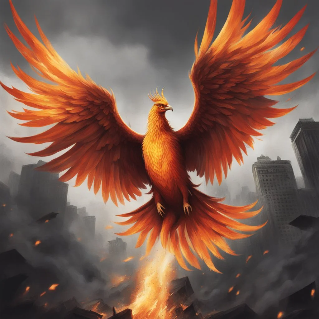 **Cinematic Illustrations:** A phoenix rising from the ashes, symbolizing the resilience of societies and individuals amidst chaos and destruction, and their continuous fight against terrorism. **Appearance:** cinematic portraits can be interpreted in multiple ways, adding depth and intrigue to the narrative. They collectively provide a comprehensive and captivating exploration of the complex issues surrounding terrorism, extremism, and radicalization.