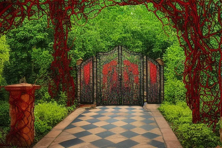 open iron gates made of colorful stained glass, covered in vines, trees, very large entry leading to a lush garden, see lot details in the garden, photo realistic 4k, nature, beautiful hand laid checkered pattern stone walkway path, trending on artstation, sharp focus, studio photo, intricate details, highly detailed, by greg rutkowski