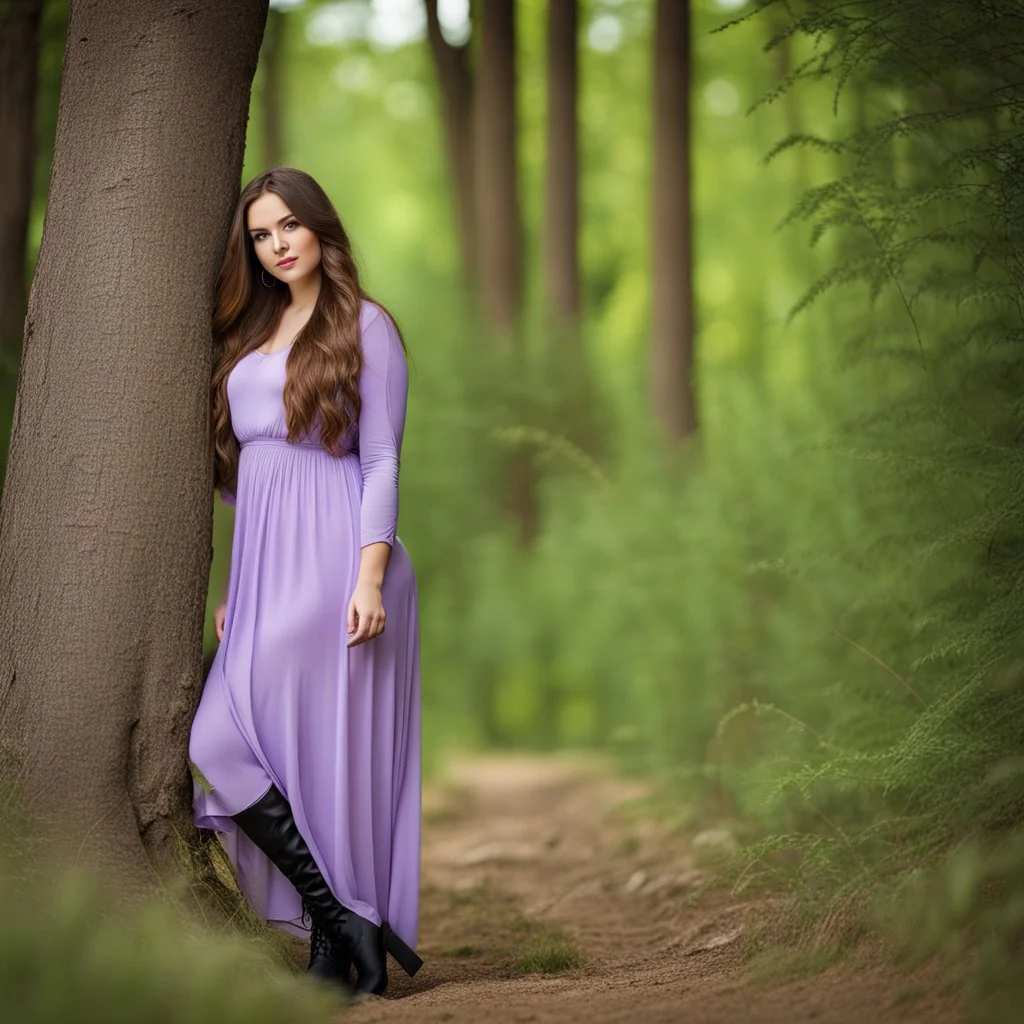 full body standing beautiful 20 year old girl with ash brown hair and blue eyes with her long hair down,curvy body , wearing a sleeved shirt and nice sarifon dress, and lilac long leggings, with long black boots full body shot,country side among trees