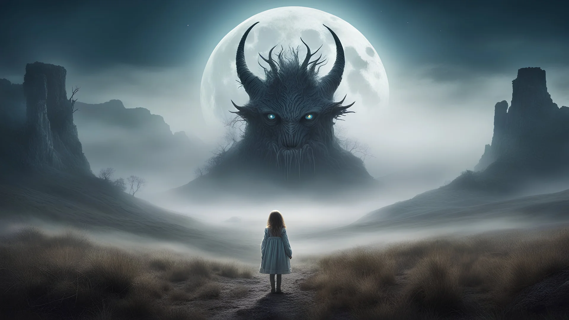 A moon that looks like a monster head above a landscape, a child in a ragged dress looks up in the distance, fog, and intricate background HDR, 8k, epic colors, fantasy surrealism, in the style of Romanticism