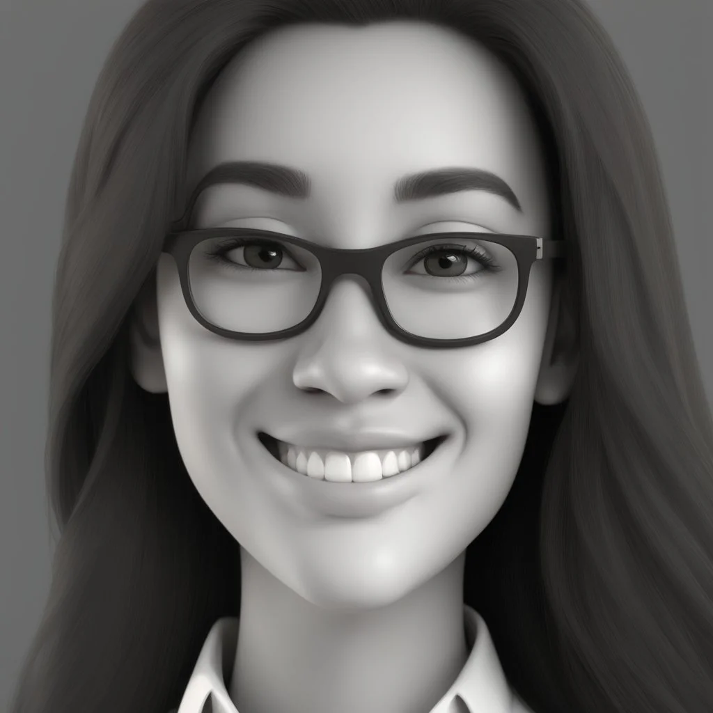 a portrait of smiling woman wearing formal shirt. long black hair. light brown skin. black eye pupils. big nose. oval face shape. wearing glasses. pixar style. headshot. 3D. 4k. portrait. highly detailed. sharp focus. high resolution. full color. cinema lighting