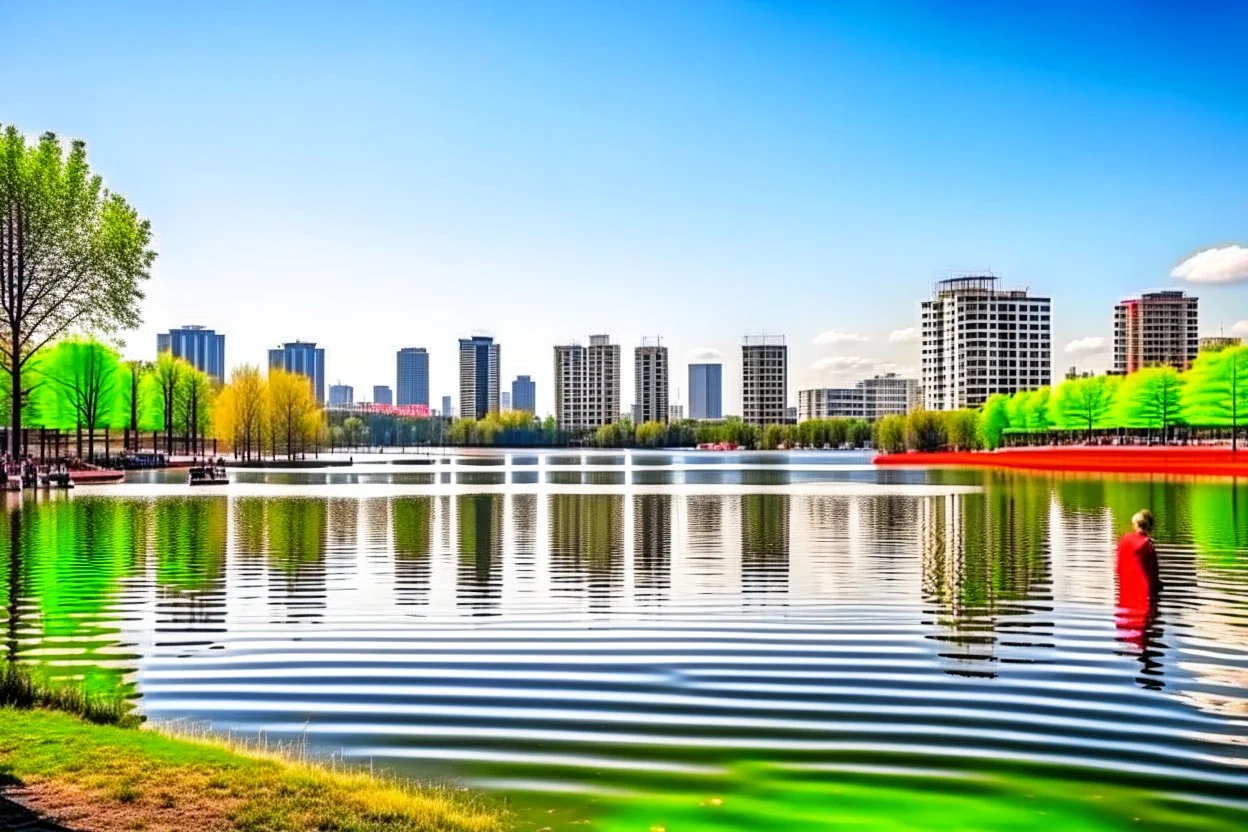 Sunny day, distant modern city, lake, lake reflections, people