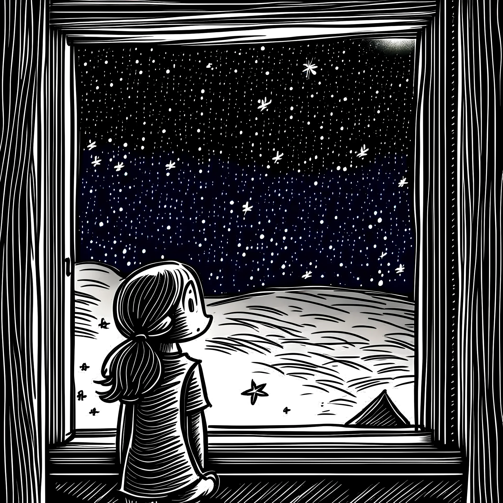 Dessin simple avec une fille de 10 ans qui regarde avec fascination les étoiles dans le ciel par sa fenêtre,