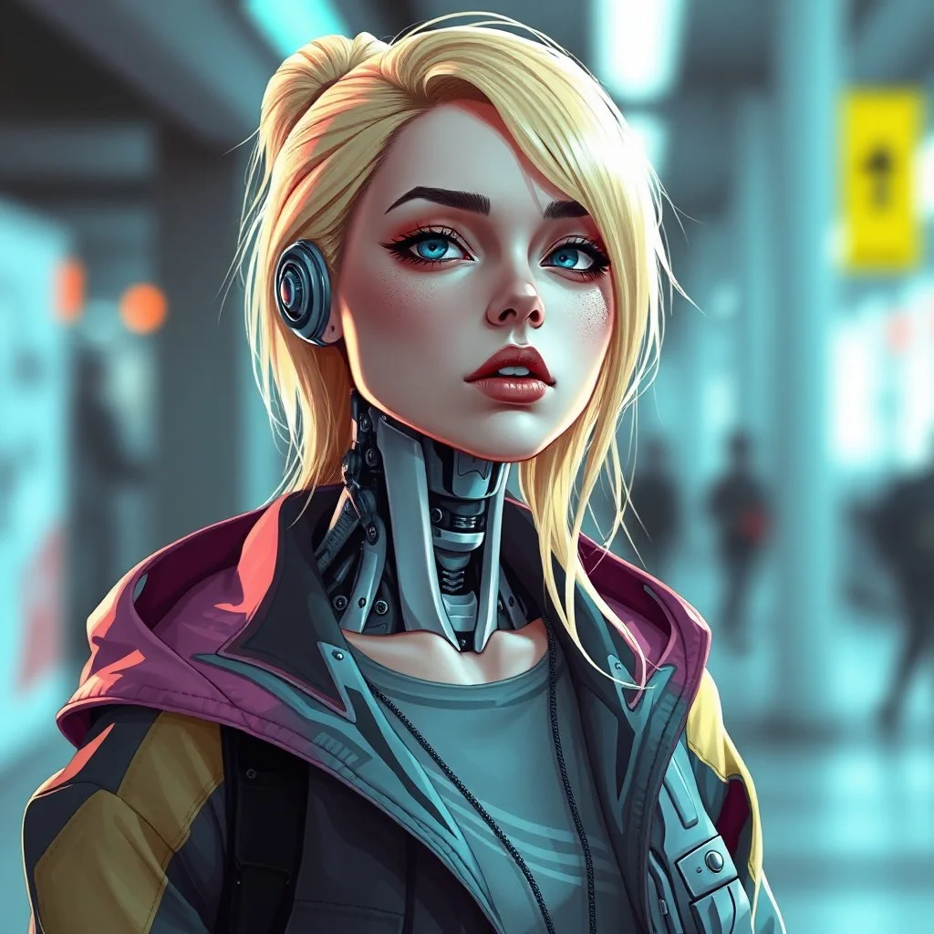 a blonde woman wearing streetwear, robotic neck, digital art, stylised