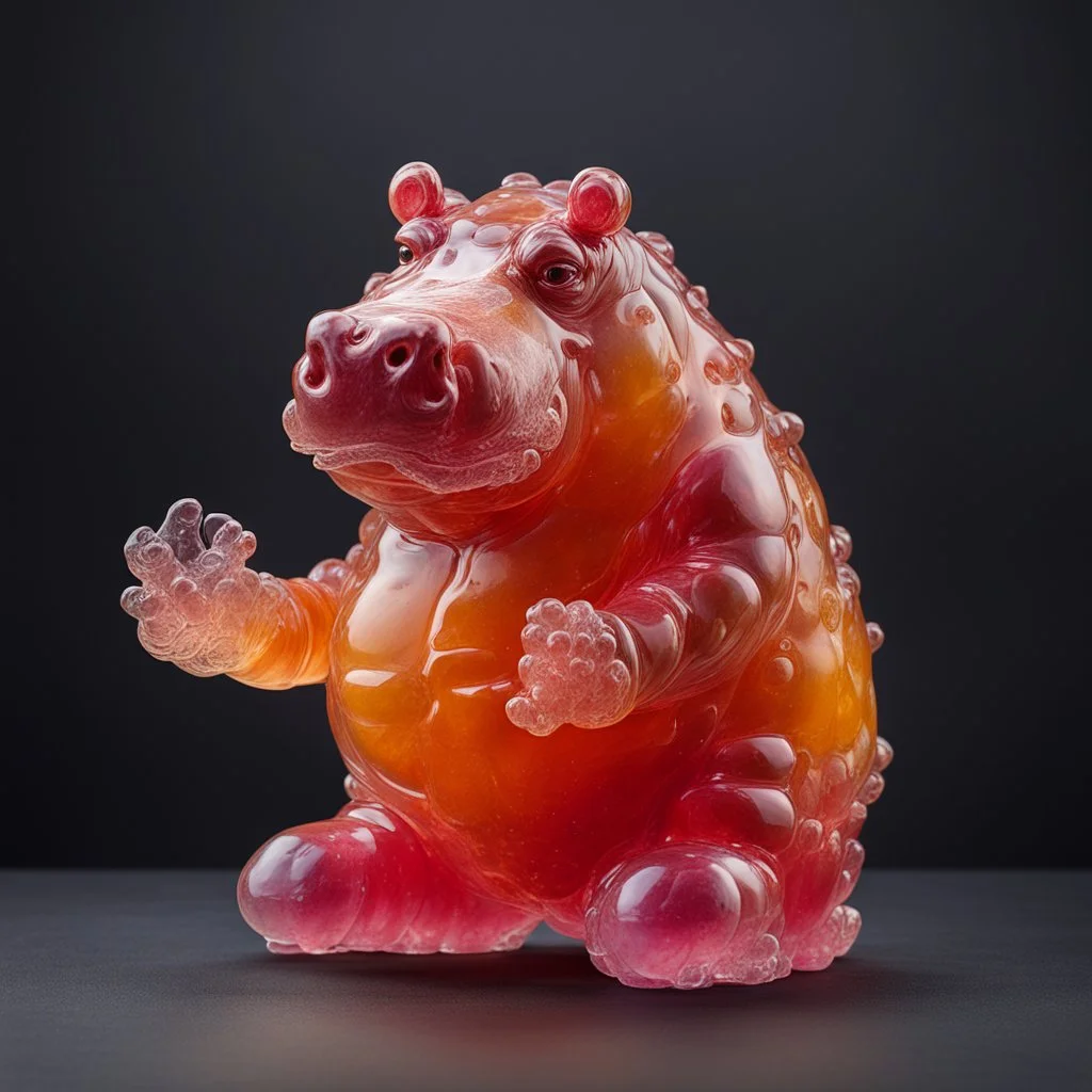 Jelly sculpture of an jolly anthropomorphic hippopotamus made of jelly, minimal, jelly art, hyperrealistic, dark background