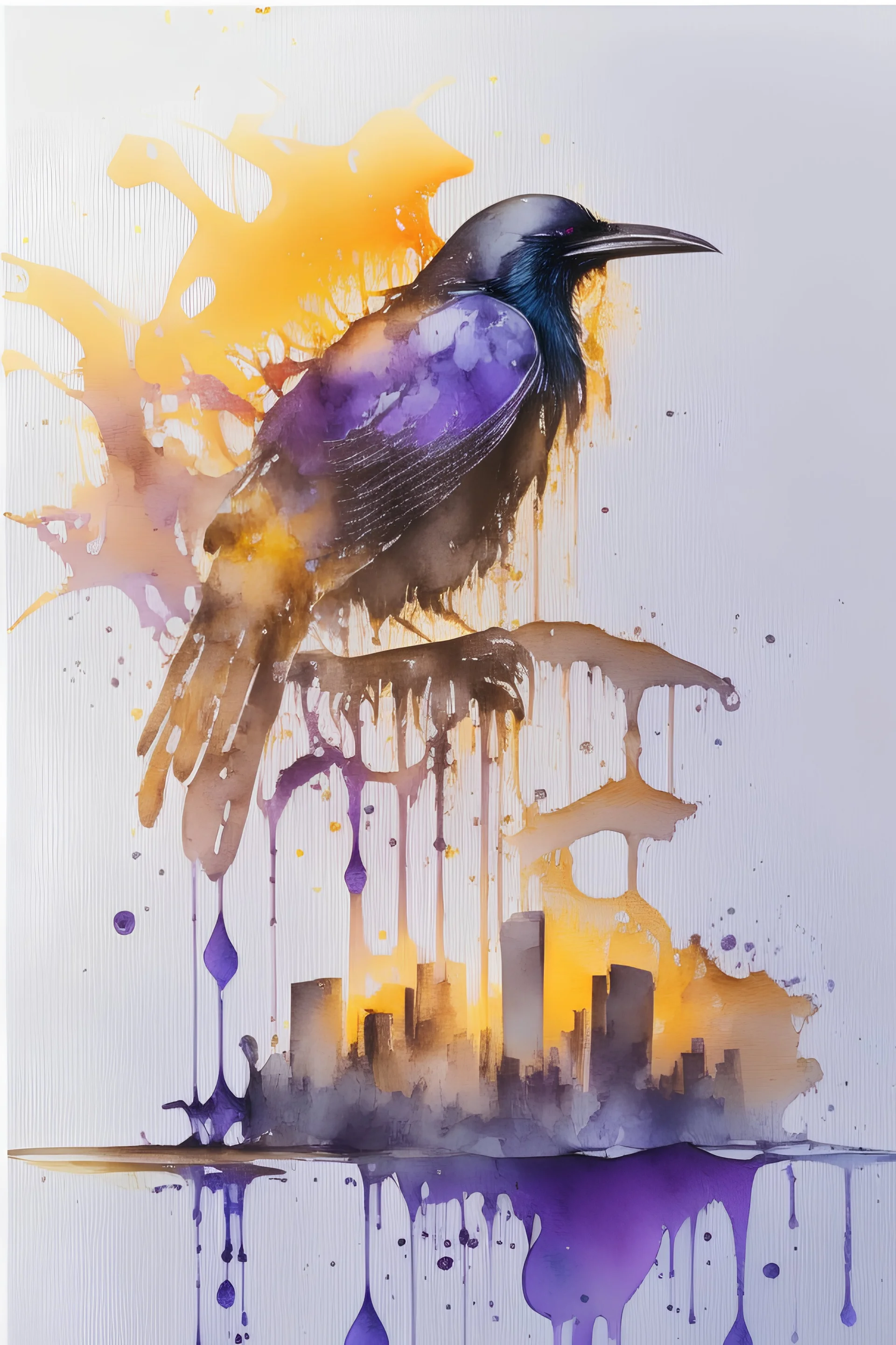 watercolor on transparent background paper, chromatic, zoom, sharp, realistic, splash of colors on a white background, a detailed golden purple sunset fire style, detailed realistic crow, Miami Beach with light blue water, graffiti elements, powerful zen composition, dripping technique, & the artist has used bright, clean elegant, with blunt brown, 4k, detailed –n 9, ink flourishes, liquid fire, clean white background, zoom in, close-up