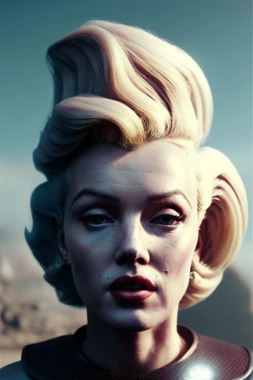 Ultra Realistic retro sci-fi scene, portrait, blonde woman, sweet young Marilyn Monroe face, perfect iris, tight latex coat, Strange planet background, Retro sci-fi style helmet, plants, birds, fog, rain, soft color, highly detailed, unreal engine 5, ray tracing, RTX, lumen lighting, ultra detail, volumetric lighting, 3d, finely drawn, high definition, high resolution.