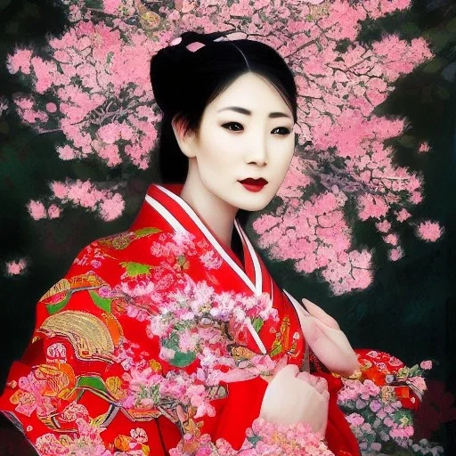 portrait of asian goddess wearing traditional kimono and surrounded by cherry blossoms, stunning, beautiful, gorgeous, realistic, photo illustrative, ornate, 8K resolution, high-quality, fine-detail, digital art, detailed matte, brian froud, howard lyon, selina french, anna dittmann, annie stokes, lisa parker, greg rutowski, alphonse mucha