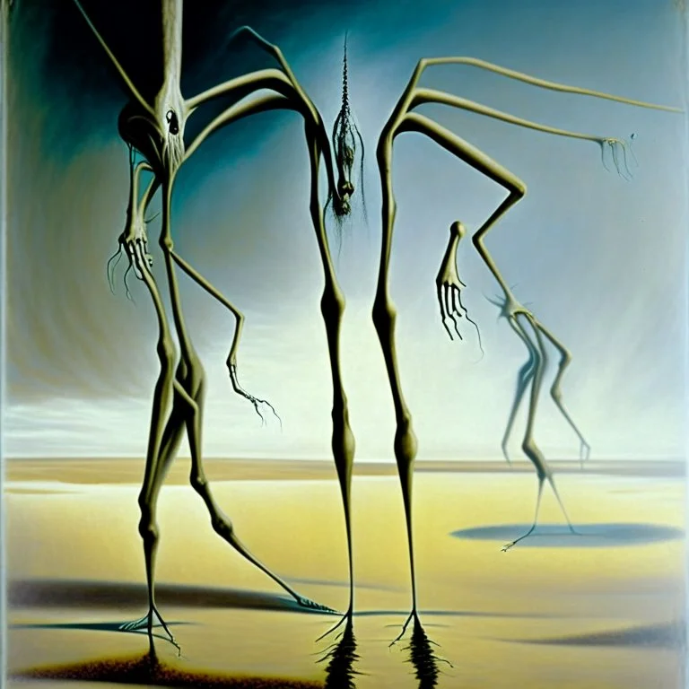 Enhanced surrealism, revisionist histories of downloadable nightmare creature contrivances, by Desmond Morris and Kay Sage and Dan Mahurin, mind-bending surreal image, classic and novel surreal elements, long legs, too many legs, complex contrast, dynamic composition