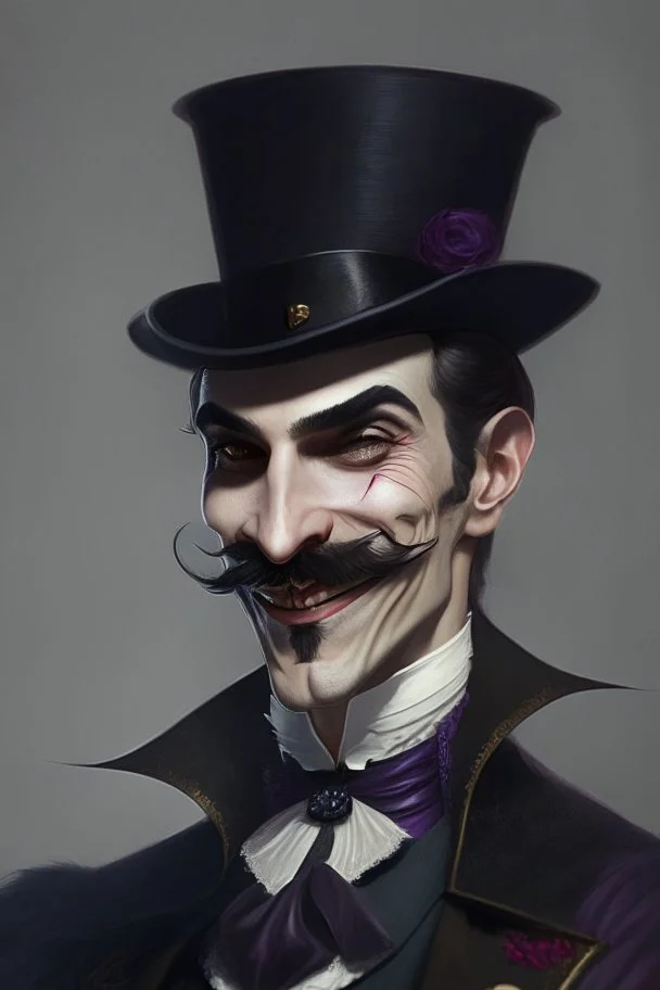 Strahd von Zarovich with a handlebar mustache and a top hat with a coy grin