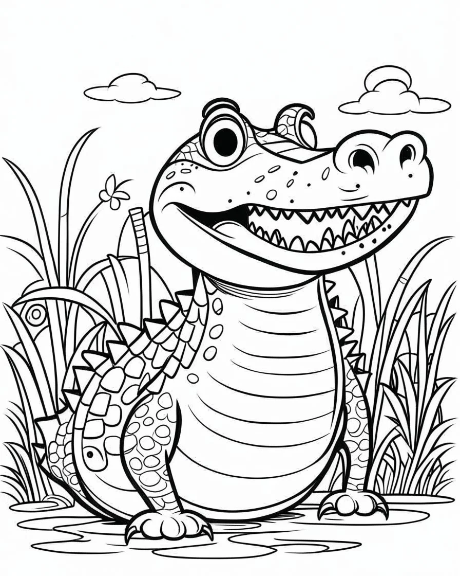 create a 2d black outline, "safari smiling cartoon crocodile coloring book for kids", coloring page, low details design, black contour, coloring page design, simple background, colorful , card style, coloring page for kids, white background, sketch style, safari landscape, cartoon style