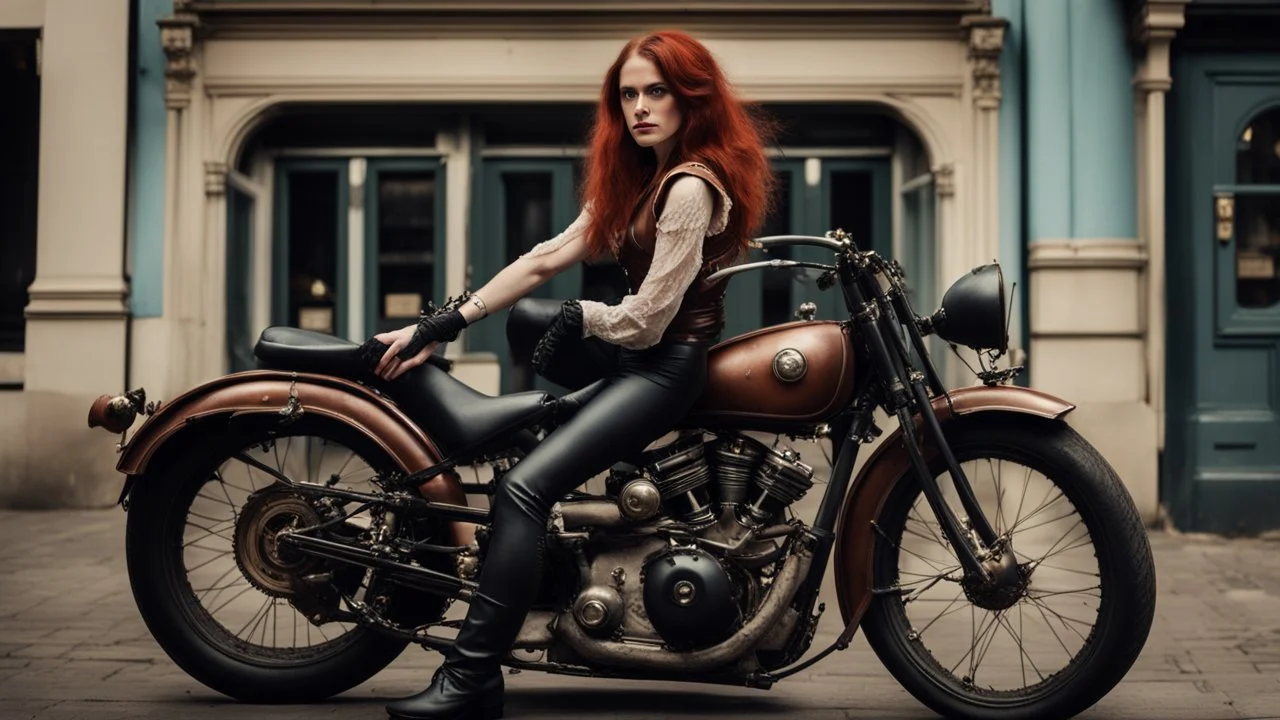 full-height portrait of a woman with straight shoulder-length auburn hair, with metal arms and legs, dressed in leather trousers, and a waistcoat, in a Victorian street next to a steampunk motorbike blue sky