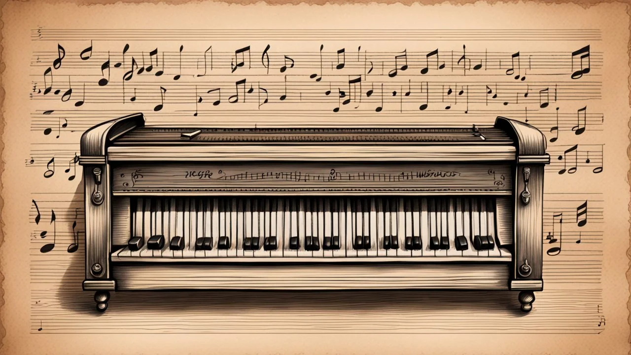 Hyper Realistic Sketch Of Folk Musical Like Harmonium On a Vintage Paper with musical-notes drawn.