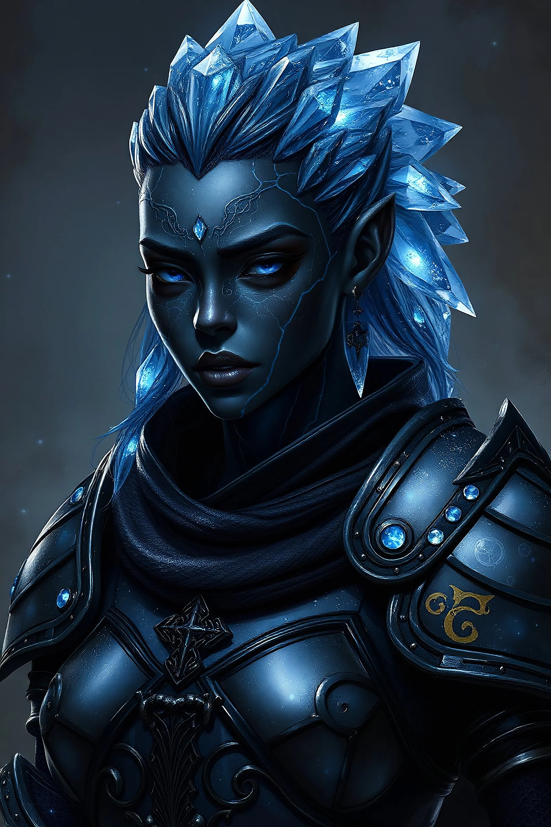 Please generate a female earth genasi cleric in the tempest domain for D&D. She should have dark, charcoal black-colored skin with glittering sparkles like gem dust. She should have lines marking her skin like cracks, showing glimmering gem-like veins and a faint glow. Her hair should appear carved of crystal. She should be in her mid-40s and fully-clothed in heavy armor and cleric robes.