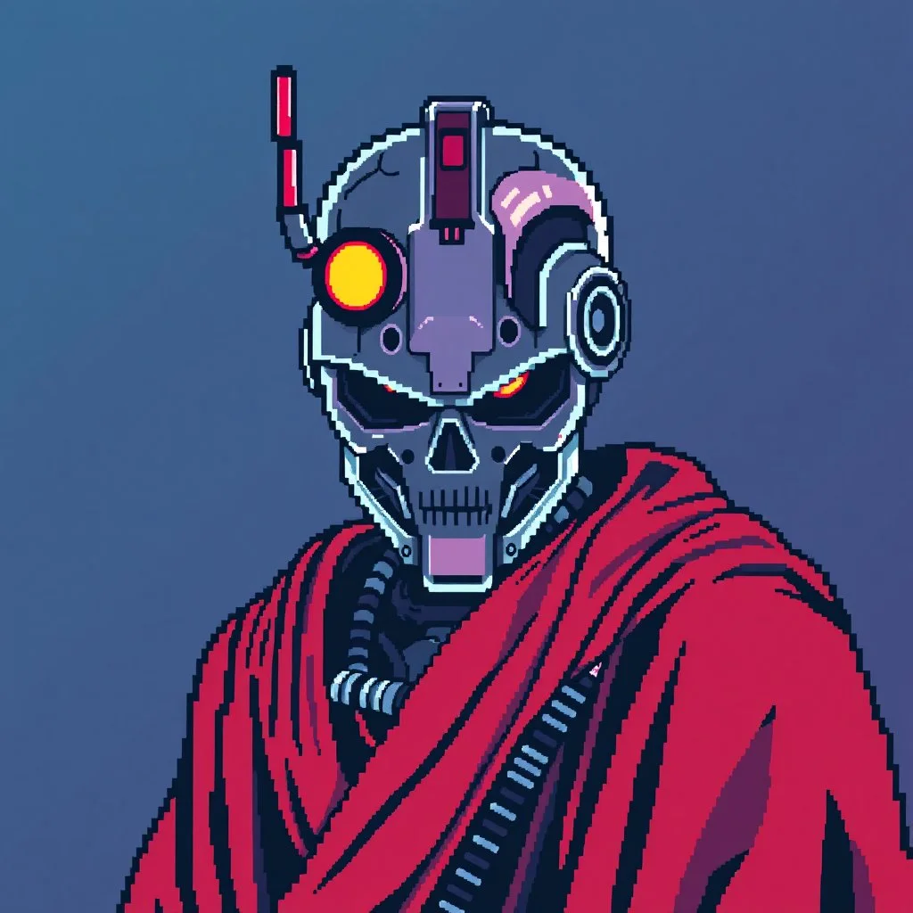 8 bit pixelart of a terminator like robot, synthwave colored, vaporware, budist monk robe