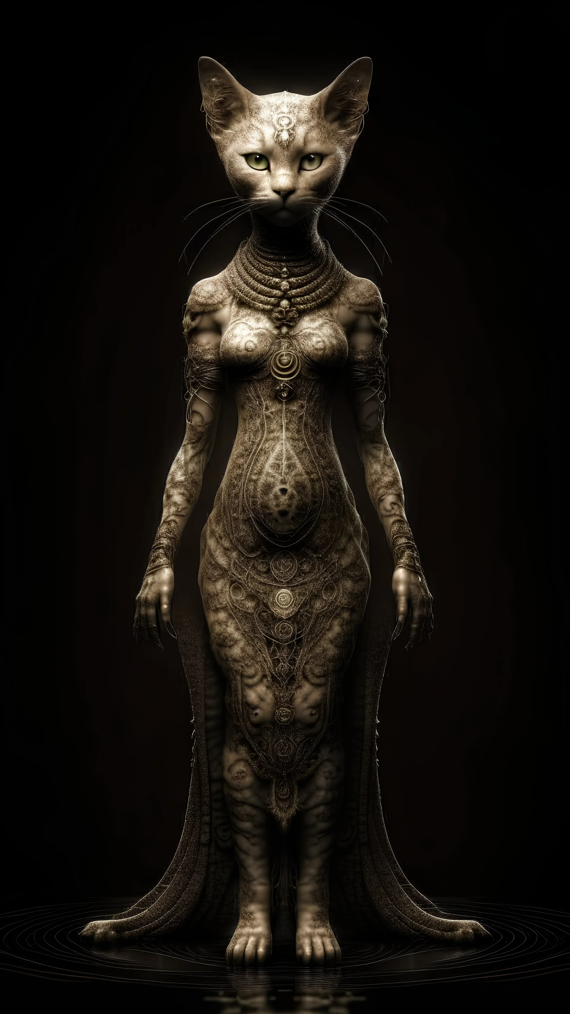 goddess that looks like a beautiful humanoid cat, full body image