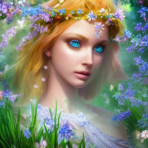  Beautiful and bright goddess of spring,delicate flowers,blue eyes, knees up portrait, fantastical, intricate detail, splash screen, complementary colors, fantasy concept art, 8k resolution, Unreal Engine 5"