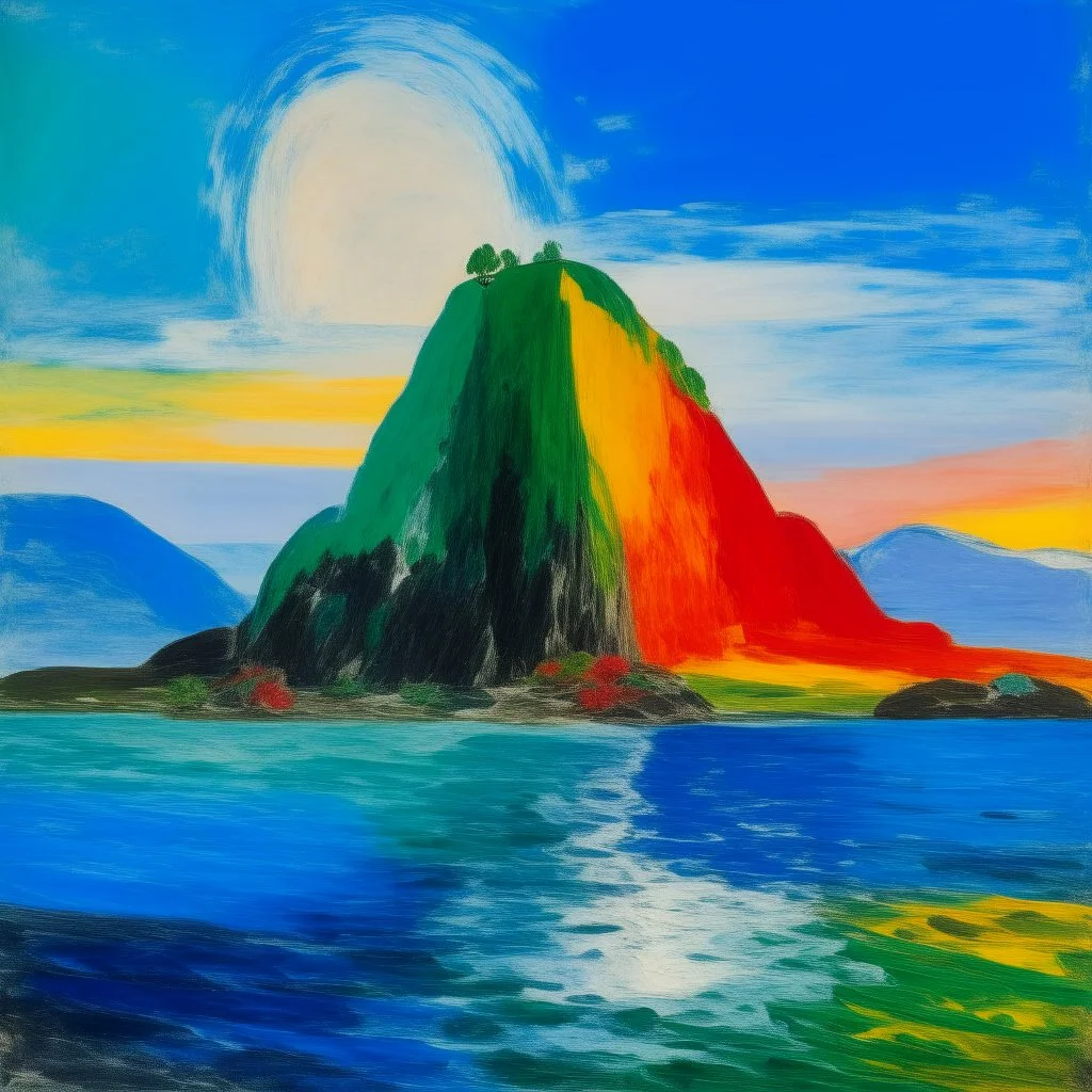 An island in a white sky with shattered clouds painted by Alexej von Jawlensky