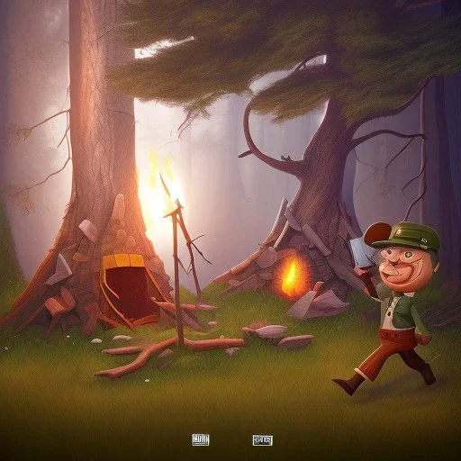 forest, campfire, wall made of wood, a man running with a pick-axe, all in cartoony stile