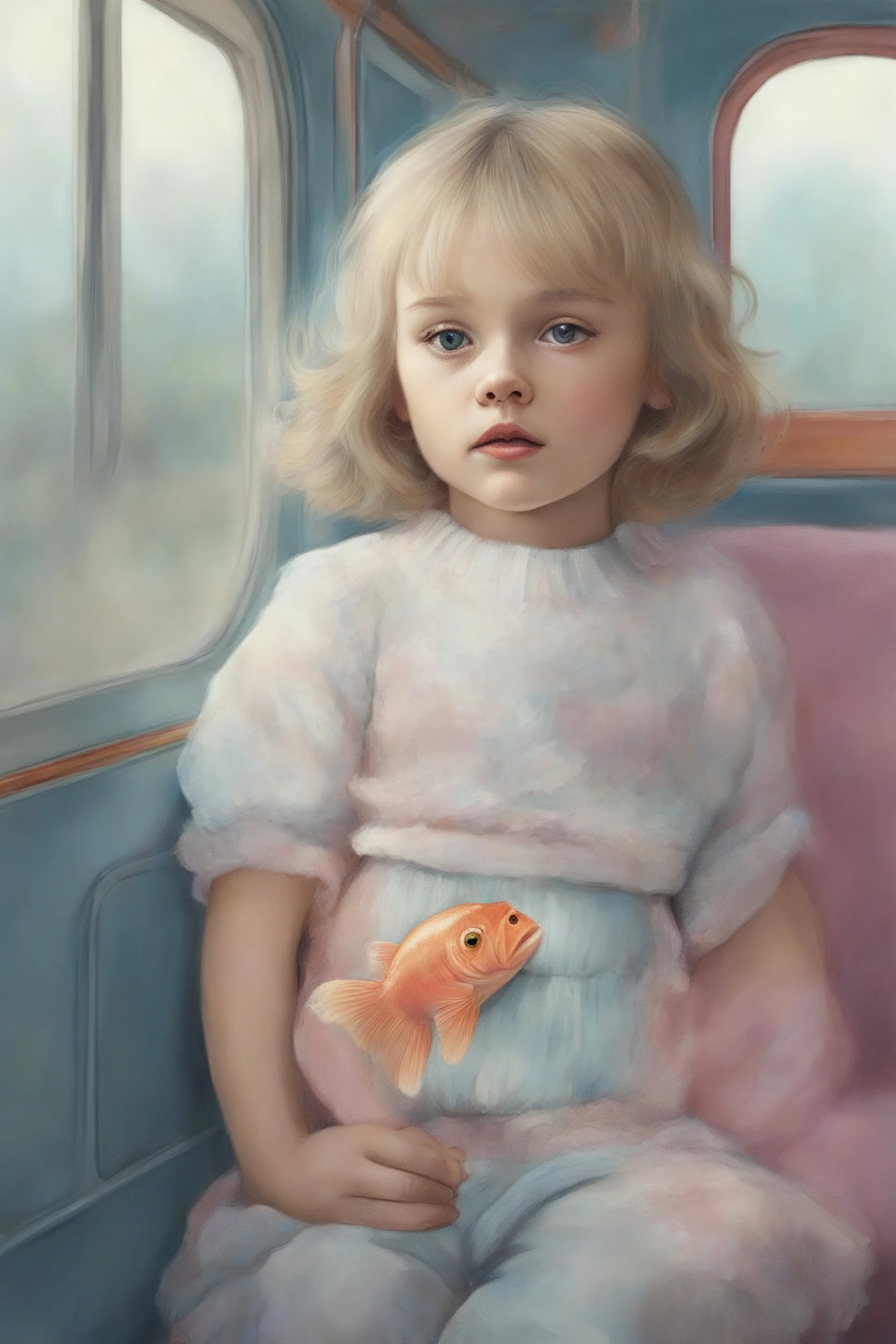 Illustration of lily-rose depp as toddler, in a train,, with a fish, 1980s,style of Marcel Marlier, pastel colors