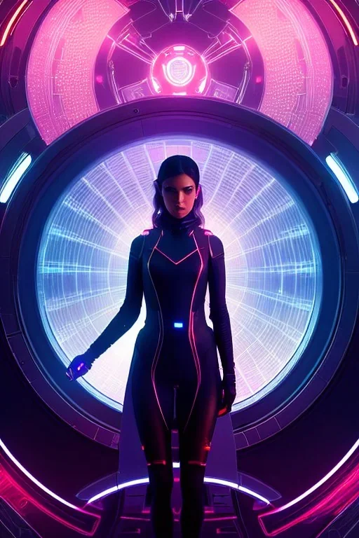 symmetry!! portrait of girl, sci - fi, tech wear, glowing lights!! intricate, elegant, highly detailed, digital painting, artstation, concept art, smooth, sharp focus, illustration, art by artgerm and greg rutkowski and alphonse mucha