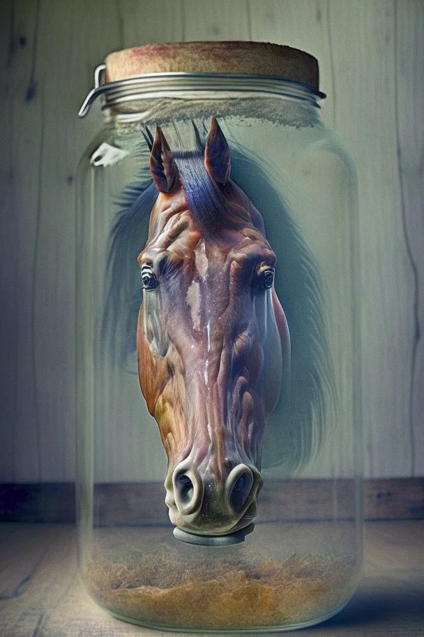 Pickled horse head in a huge jar