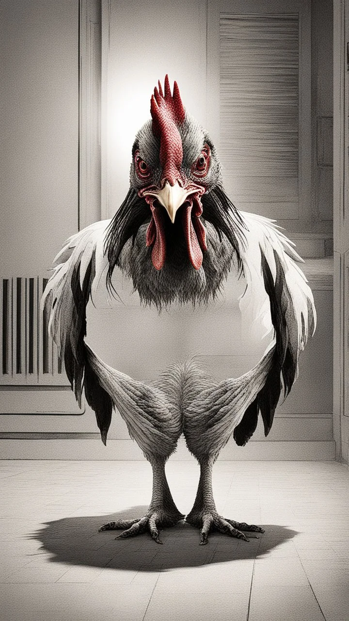 Generate a spine-chilling Halloween horror scene featuring a chicken as if it's a character from a terrifying movie, with eerie lighting and a haunting atmosphere , photo / ultra realistic."