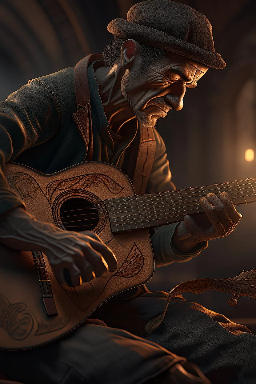 Bosch style Title: "guitar player , insanely detailed octane render trending on artstation, 8k artistic photography, photorealistic concept art, soft natural volumetric cinematic perfect light, chiaroscuro, award-winning photograph, masterpiece, oil on canvas, Raphael, Caravaggio, Greg Rutkowski, people, beksinski, Giger