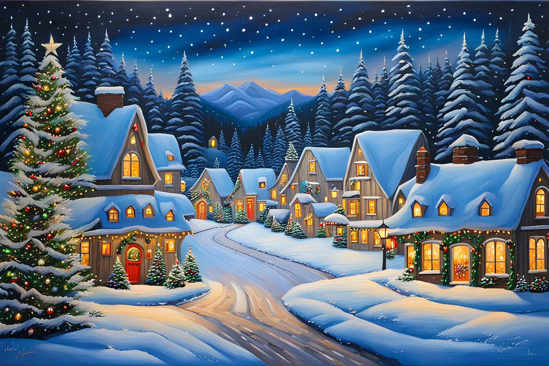 Christmas winter wonderland, old village, evening, soft colorful lights, decorations, professional award winning masterpiece, acrylic, detailed, realistic