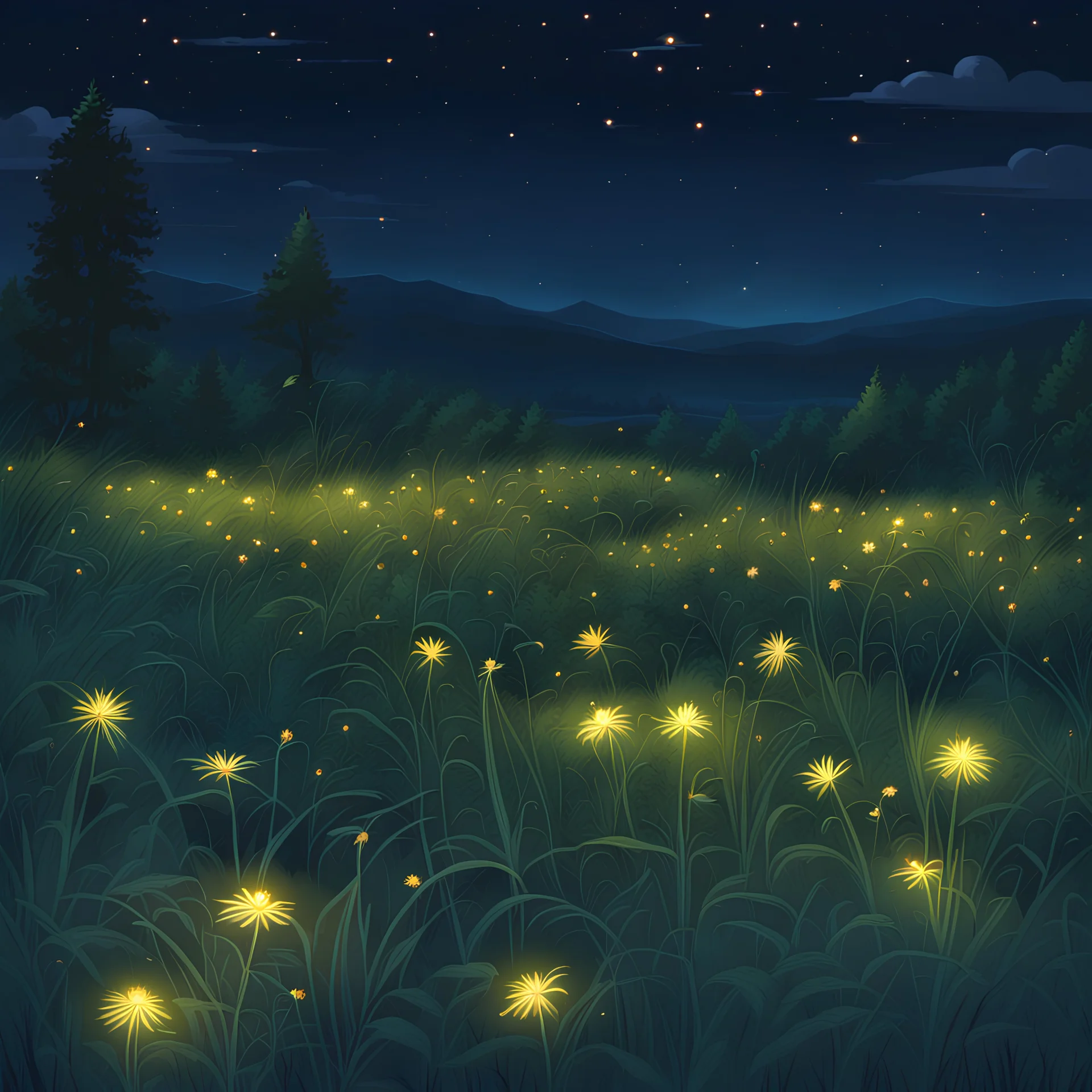 a weedy dank field at night full of glowing fireflies