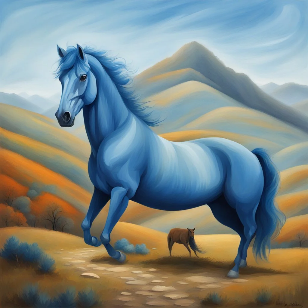 a blue horse in hills like a 19th painting